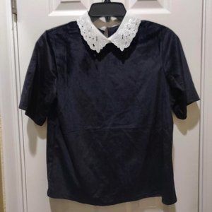 Daphnea Velvet Black Shirt with White Collar, Size S